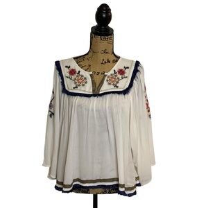 Ban jara Floral Embroidered Boho White Blouse with Navy Fringe Trim Larger Small
